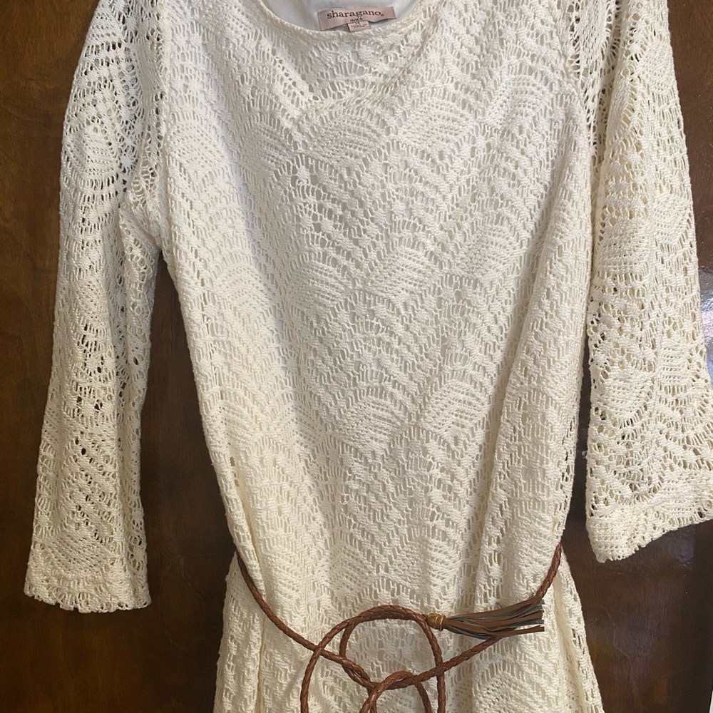 Sharagano Lace dress with brown tassel belt worn once